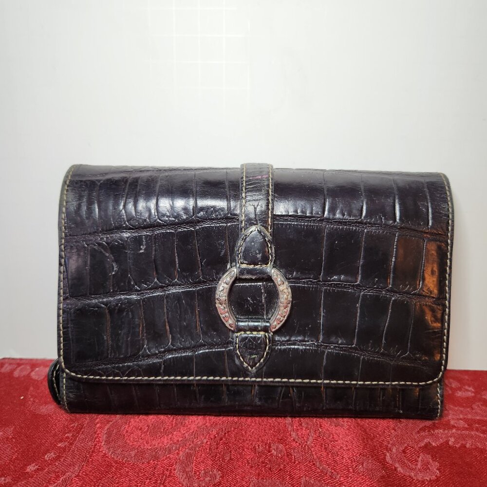 Brighton Black Leather Oversized Trifold Wallet Clutch